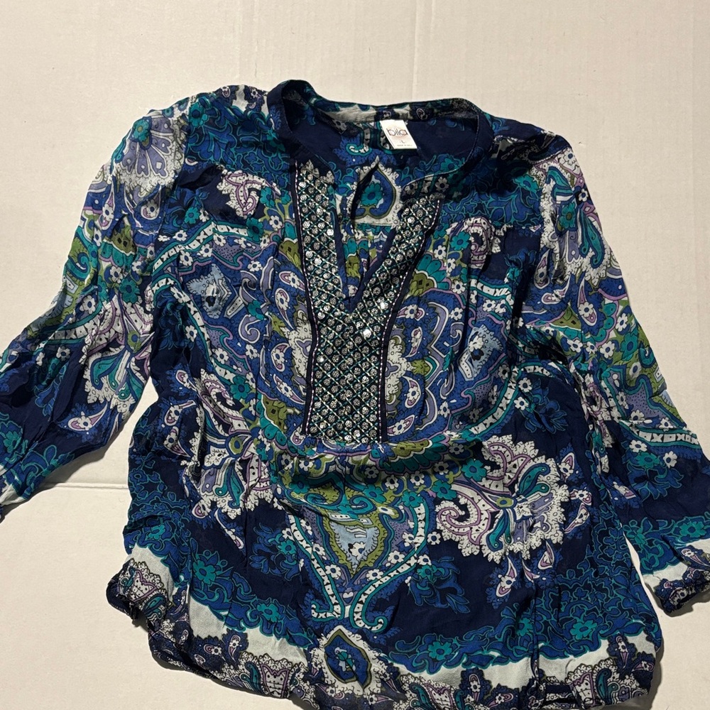 Women's Paisley Print Top - Blue and Green semi sheer